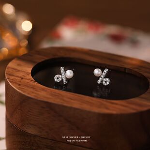 百分比符号淡水珍珠耳钉女s999纯银轻奢高级感百搭足银耳饰微镶