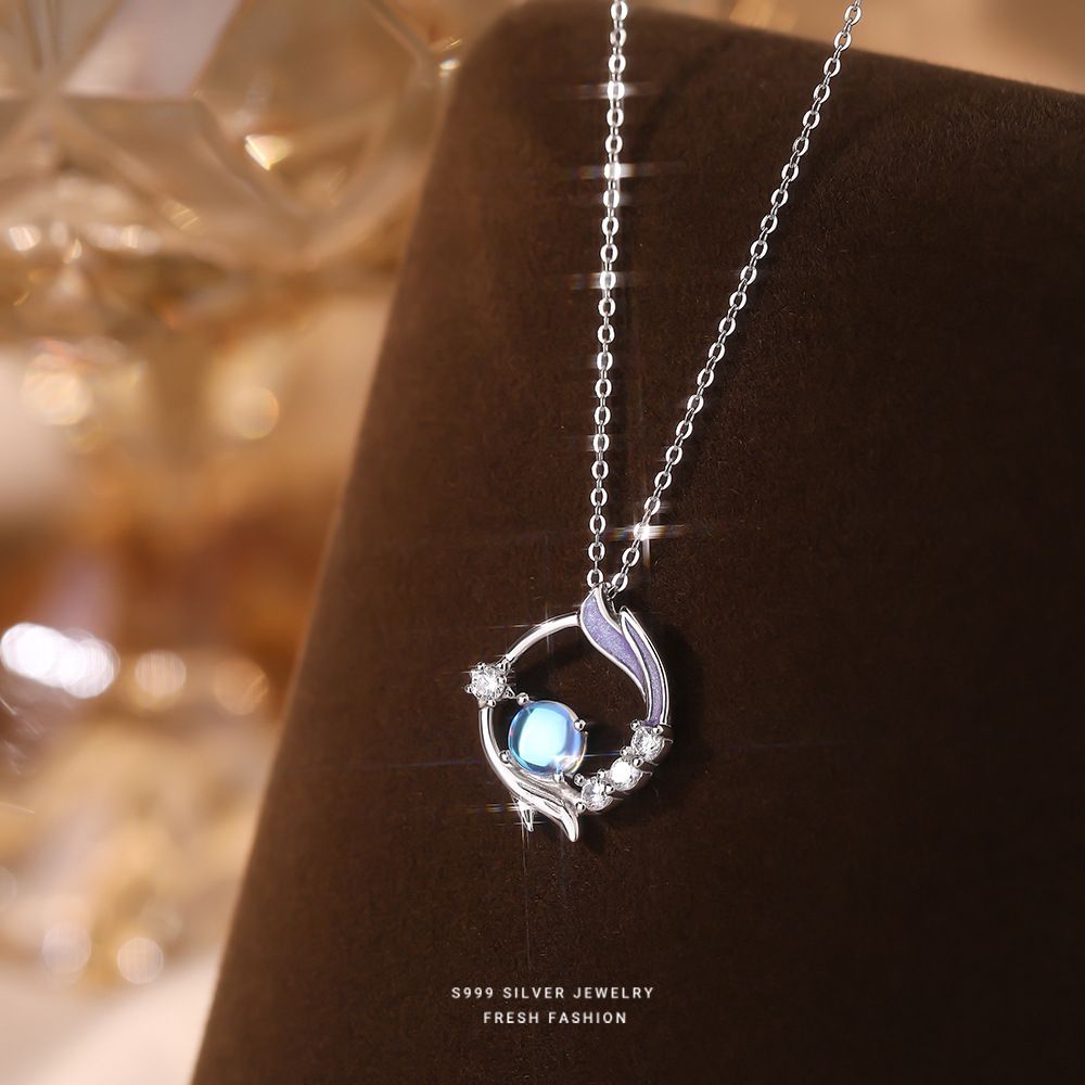 缘梦鲸S999纯银月光石鱼尾项链女小众设计感时尚气质百搭锁骨链