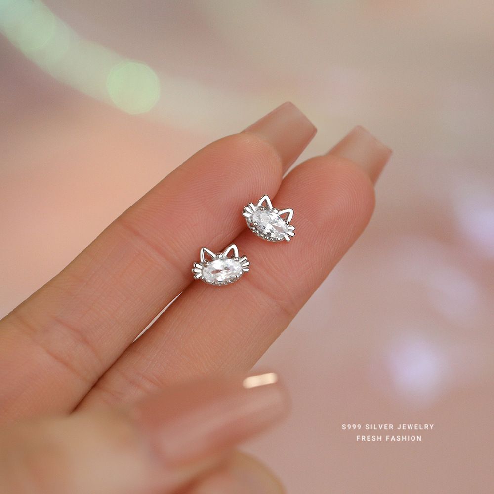 卡通可爱小猫咪锆石耳钉女s999纯银简约百搭轻奢高级感足银耳饰