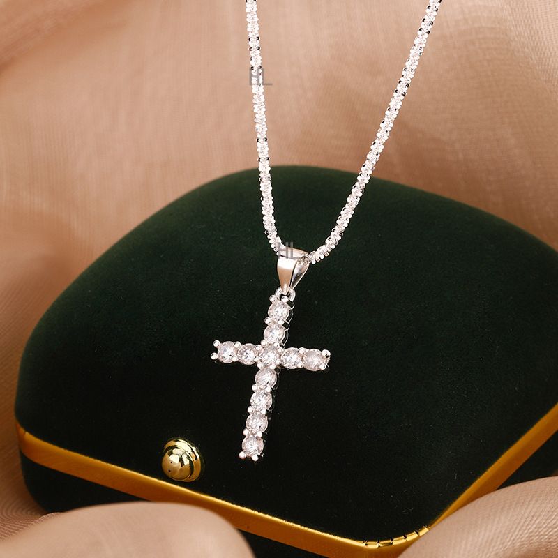 欧美S925纯银满钻十字架项链ins马思唯锆石说唱嘻哈男女锁骨链