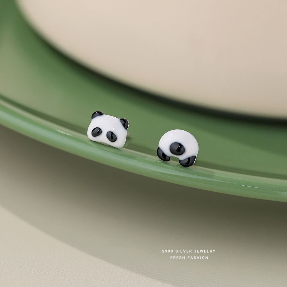 可爱卡通熊猫头熊猫屁股不对称耳钉女s999纯银童趣时尚足银耳饰