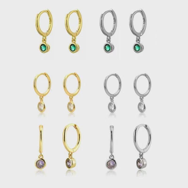 S925银欧美时尚十二生辰石耳环女轻奢简约圆形彩宝耳扣气质女耳钉