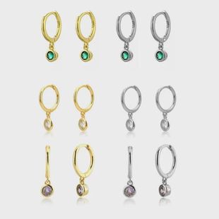 S925银欧美时尚十二生辰石耳环女轻奢简约圆形彩宝耳扣气质女耳钉