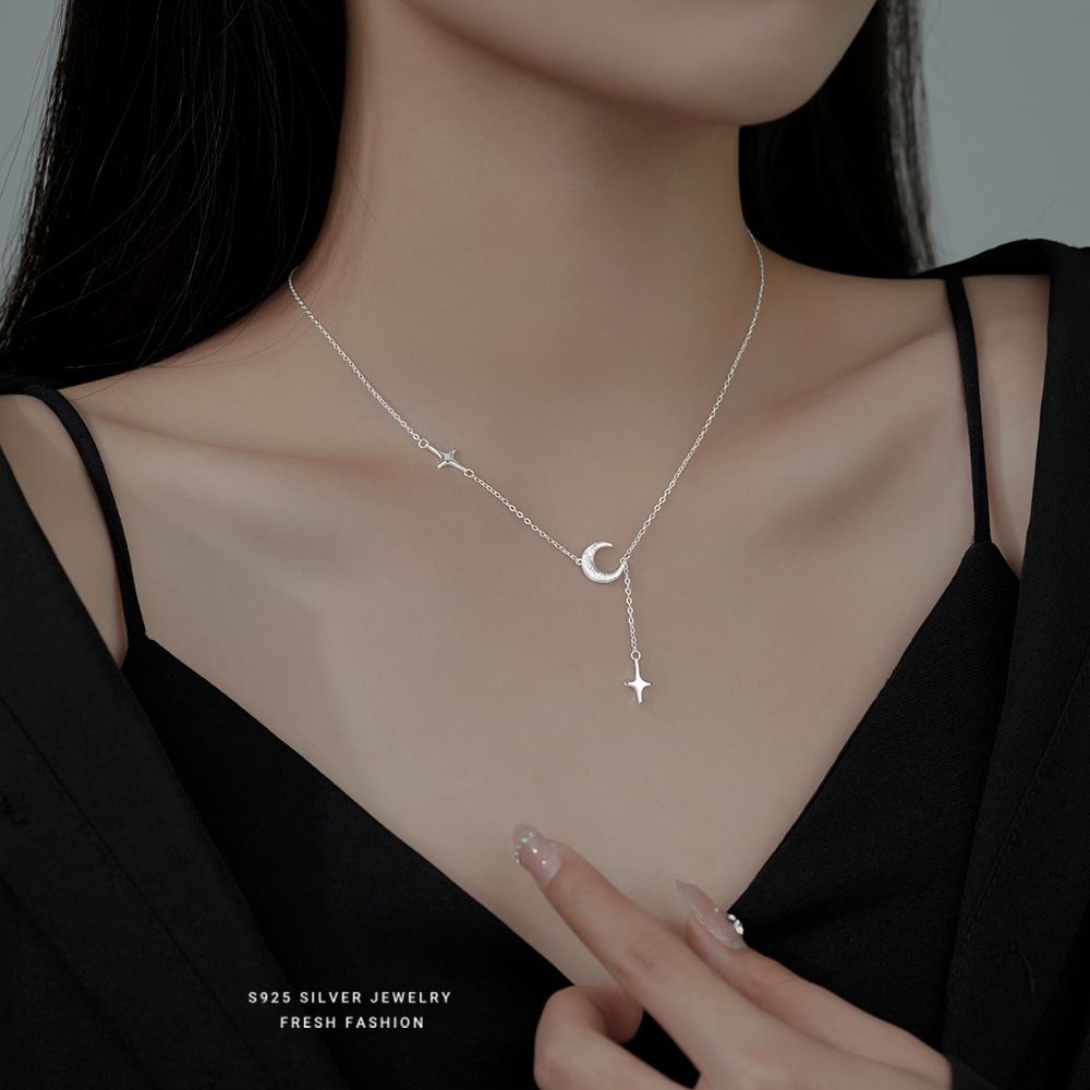 S925纯银磨砂星月流苏吊坠项链女简约小众轻奢设计感潮锁骨链代发