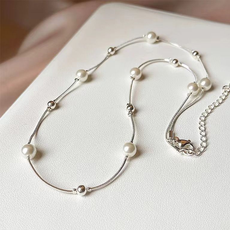 s999纯银韩版设计蛇骨珍珠项链女轻奢小众高级感气质百搭锁骨链
