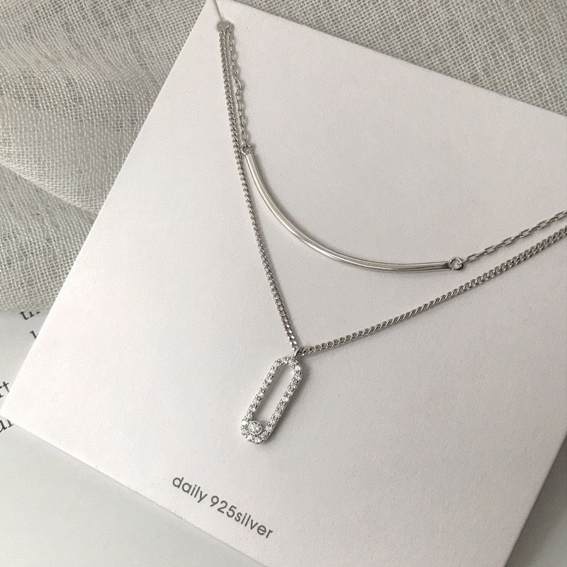 925纯银双层叠戴项链女 韩国满钻椭圆吊坠轻奢高级感小众锁骨链