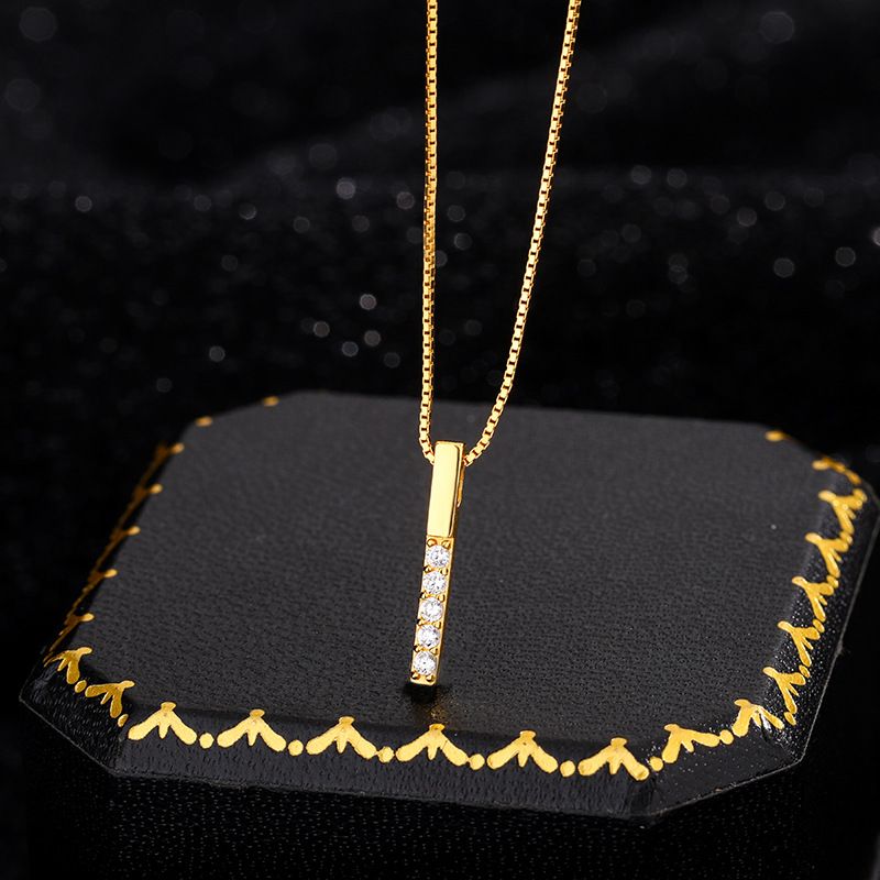 S925纯银项链女几何长方条简约气质镶嵌锁骨链韩版一字颈链吊坠