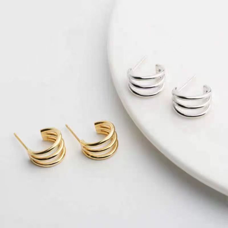 欧美C形耳环女s925纯银三圈几何耳钉气质百搭冷淡风简约耳饰297ED