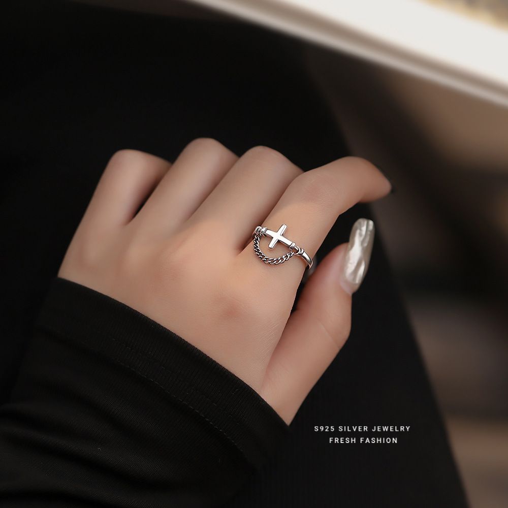 s925纯银复古泰银十字架锁链戒指欧美暗黑个性小众设计开口戒