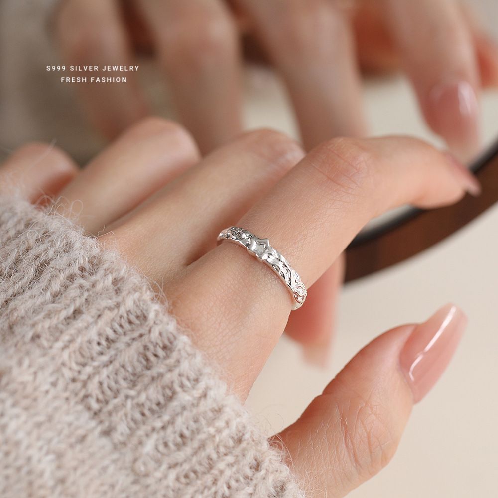 日韩简约s999纯银纹理褶皱开口星星戒指女食指戒小众潮流足银指环