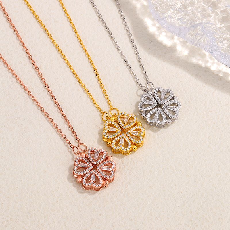 S925纯银爱心四叶草项链女心形满钻小众轻奢风锁骨链一款两戴颈链