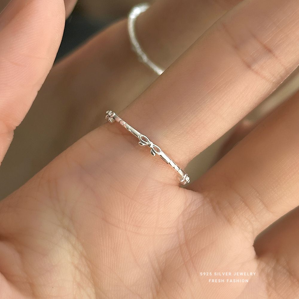 韩版甜美镂空蝴蝶结戒指女s925纯银小众设计百搭指环时尚食指戒