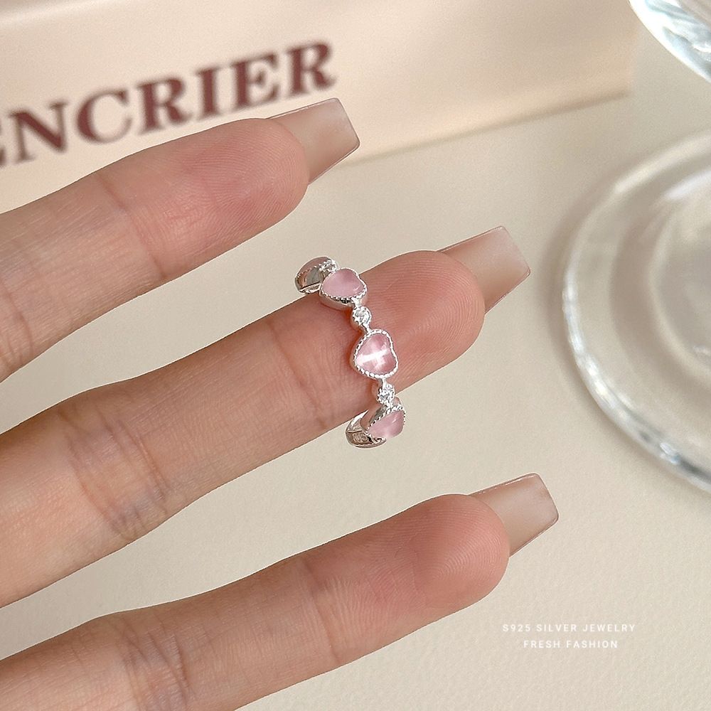 s925纯银粉色猫眼石爱心戒指女甜美锆石指环开口可调节食指戒代发