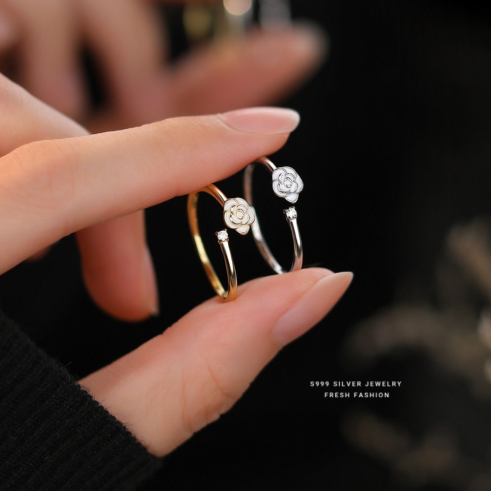s999足银法式复古山茶花戒指女个个性百搭小众高级气质开口戒