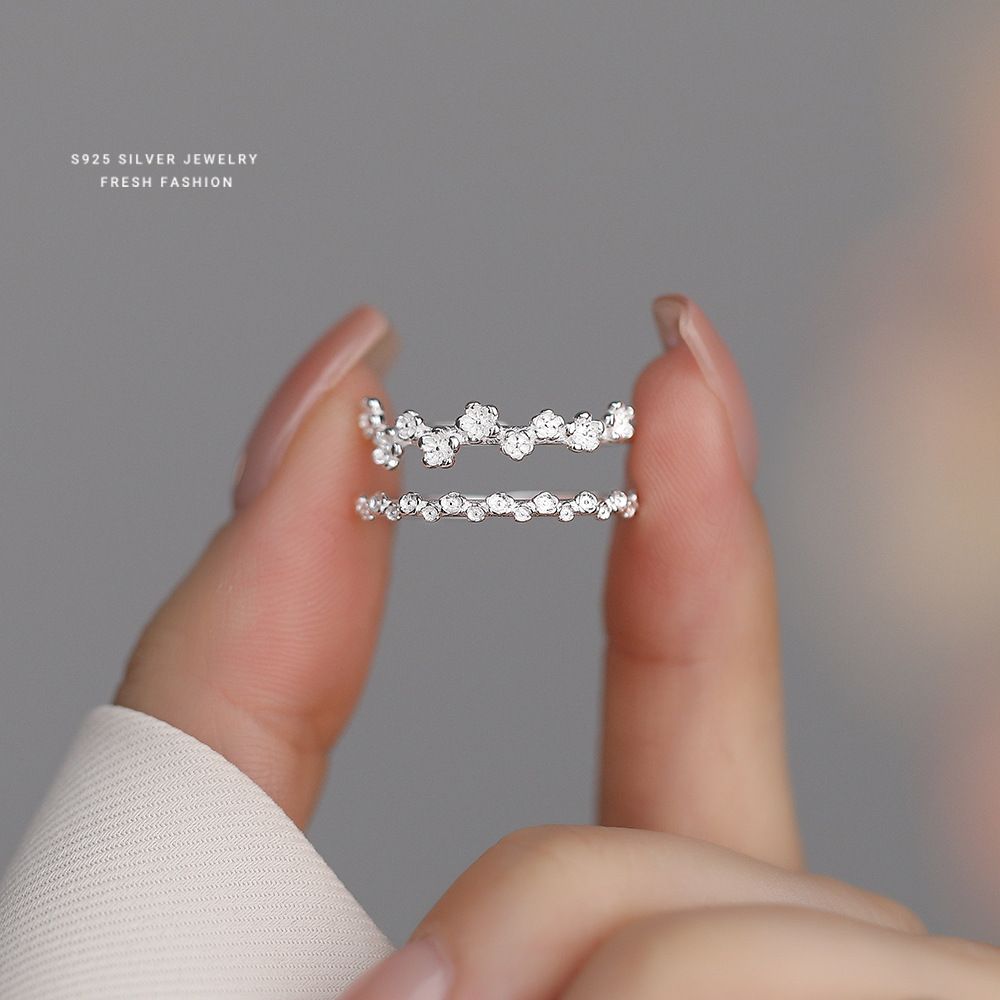 S925纯银简约细圈桃花戒指女2025韩版时尚INS百搭通勤素银开口戒