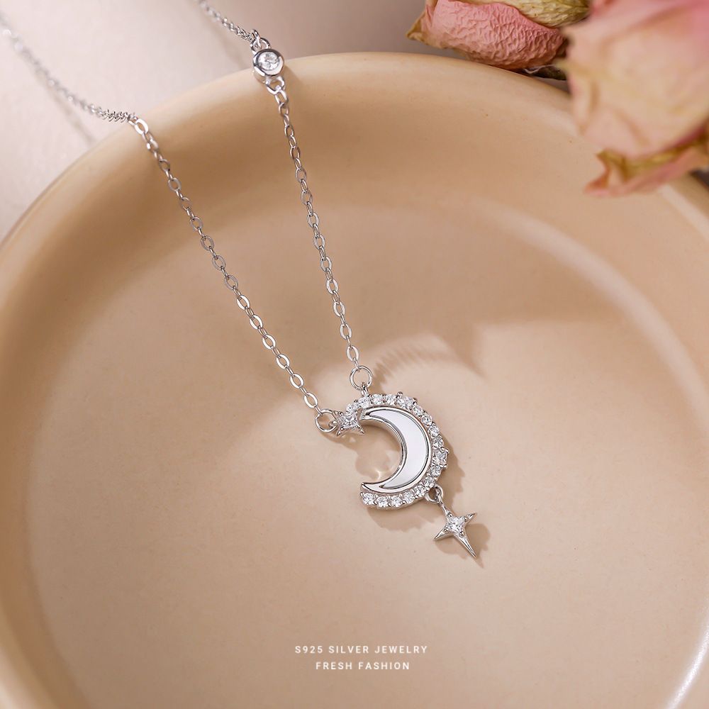 【相约一辈】S925纯银星月白贝项链女款微镶爆闪情人节礼物锁骨链