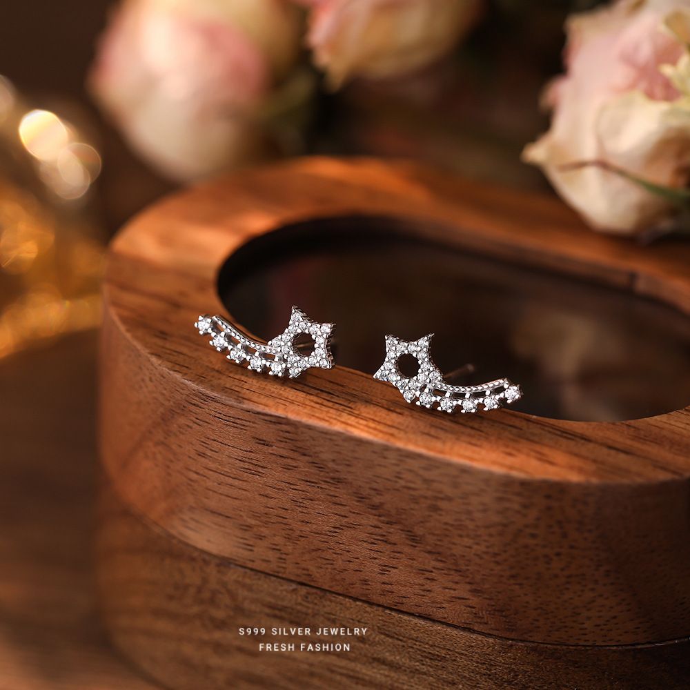 流星轨迹S999纯银五角星耳钉女镂空设计感小巧养耳洞耳环轻奢百搭