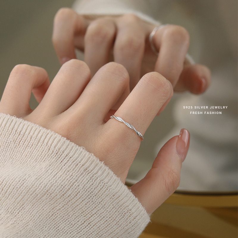 韩版时尚开口戒指女s925纯银小众冷淡风简约麻花指环ins首饰