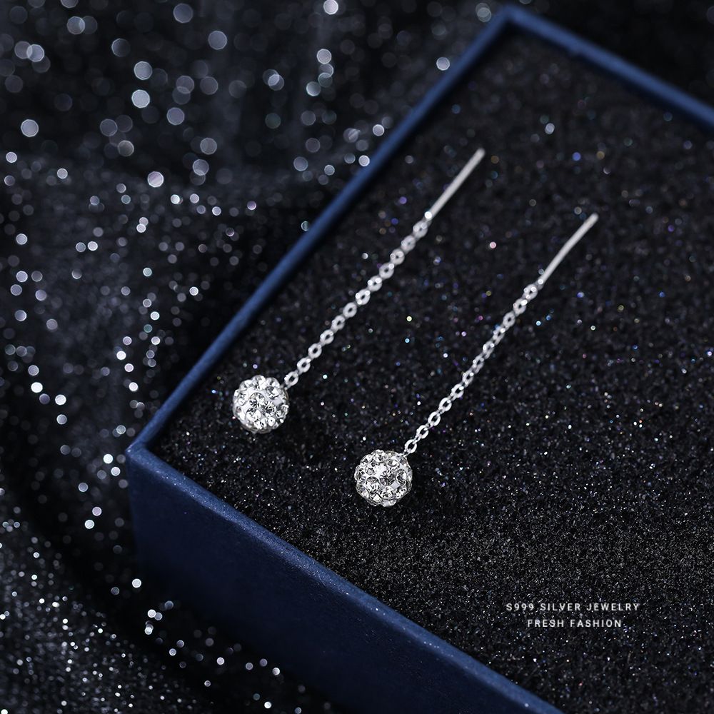 S999纯银满天星锆石流苏耳线女养耳洞耳钉轻奢耳环简约气质耳饰