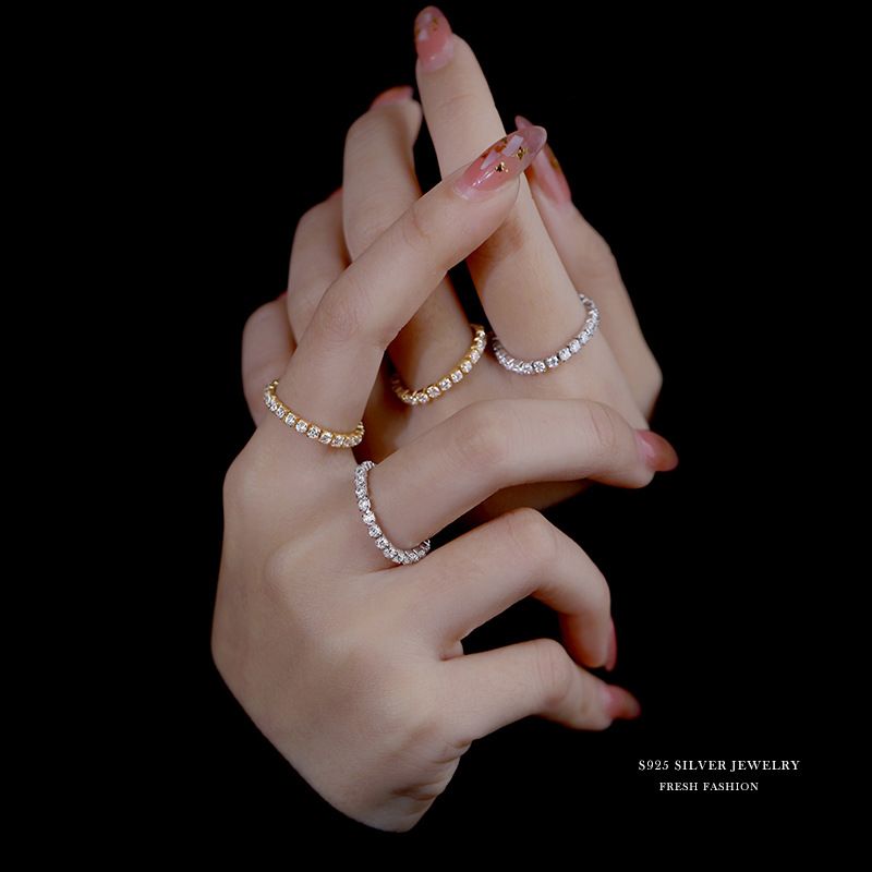 s925银小众设计锆石链条素圈戒指女简约百搭气质指环冷淡风潮