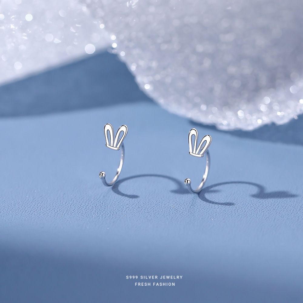 兔耳朵耳钩女s999纯银可爱简约小清新ins小巧养耳洞兔子足银耳钉