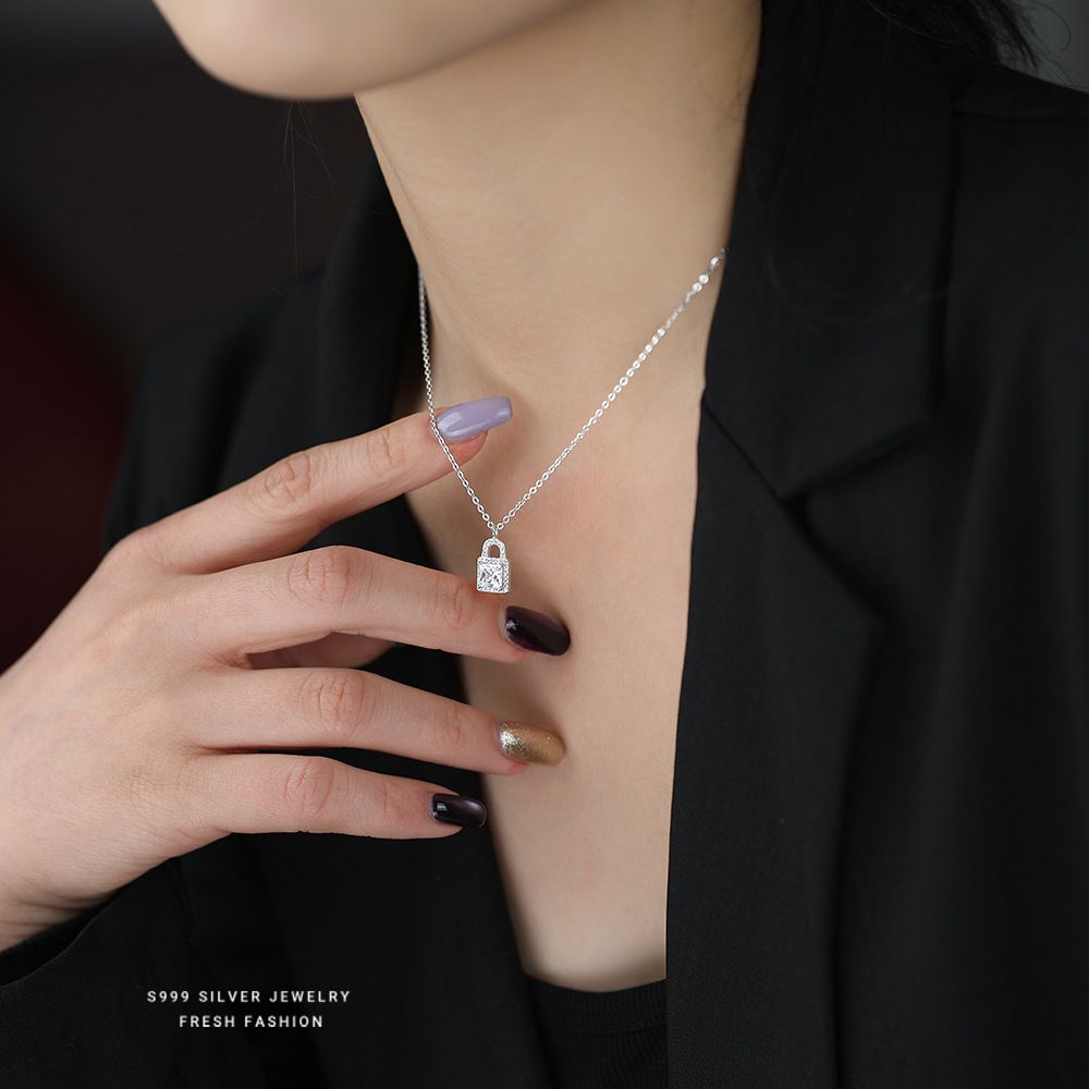 [一生锁爱]S999纯银锆石同心锁项链小众设计高级感超闪满钻锁骨链