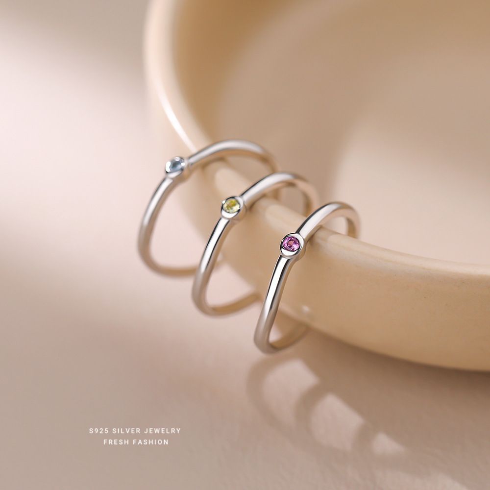 韩版INS简约光面细戒S925纯银彩锆开口戒指女时尚小众百搭食指戒