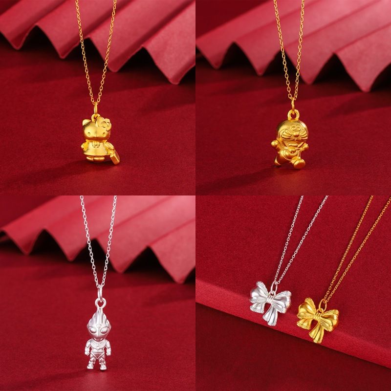 S999足银3D硬银奥特曼吊坠轻奢可爱气质叮当猫蝴蝶结项链闺蜜项饰