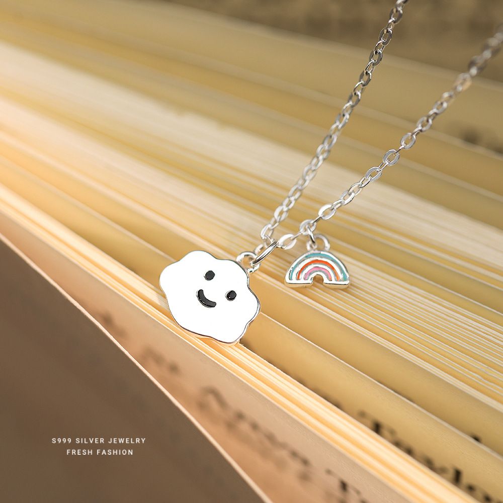 s999纯银彩虹云朵笑脸项链女甜美童趣锁骨链百搭小众时尚足银首饰