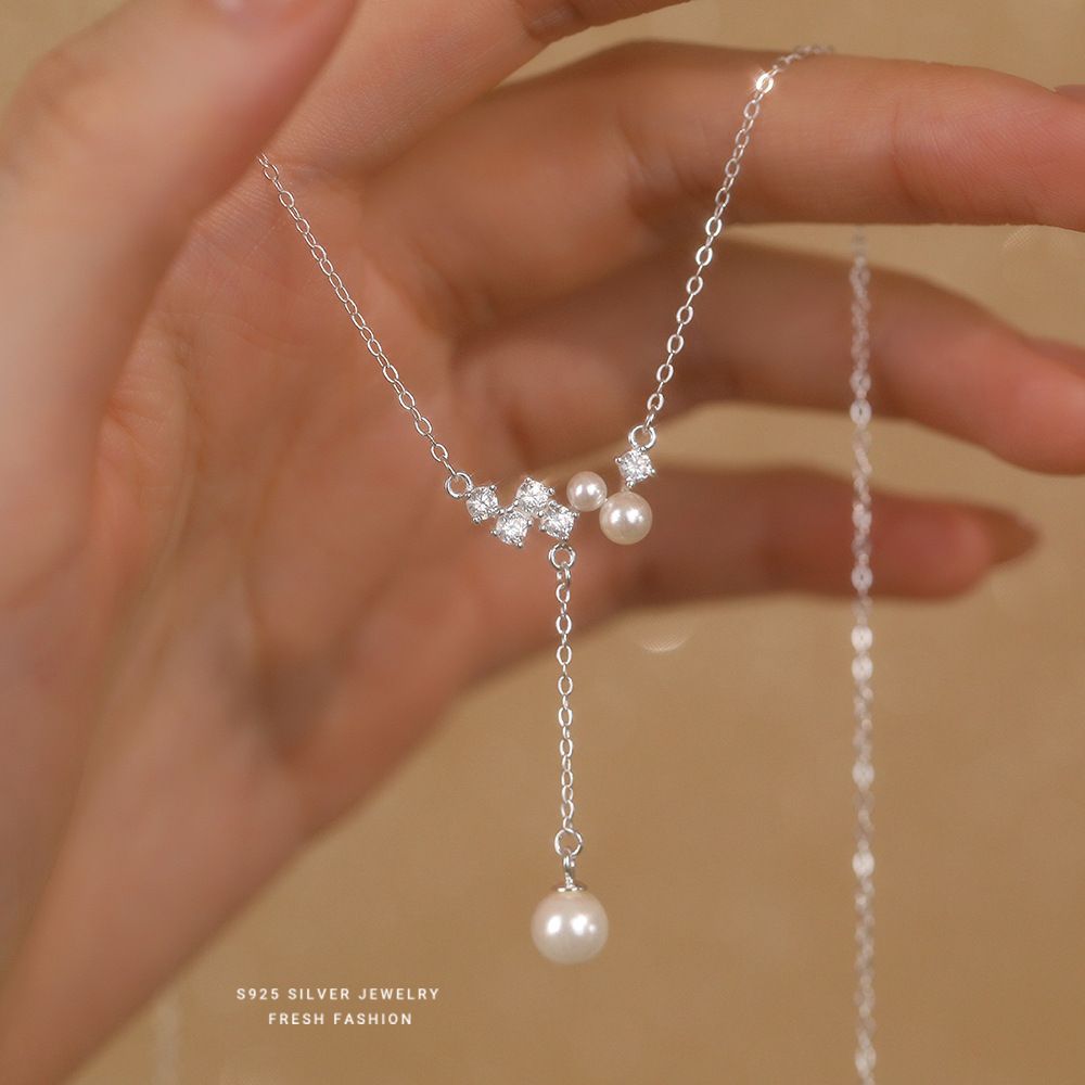 s925纯银长款流苏圆珠项链女轻奢闪亮锆石吊坠韩版时尚锁骨链