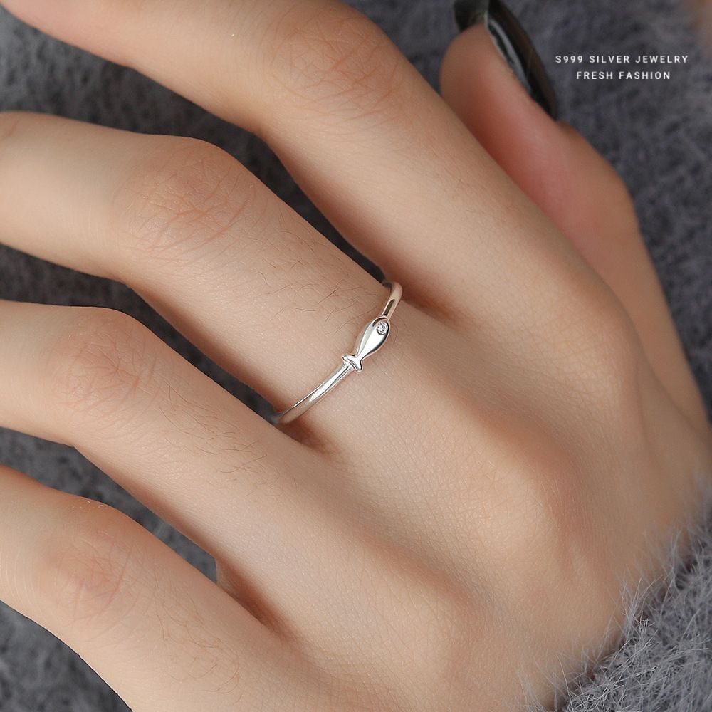 简约锦鲤小鱼戒指女s999纯银时尚百搭森系小清新开口足银韩版手饰