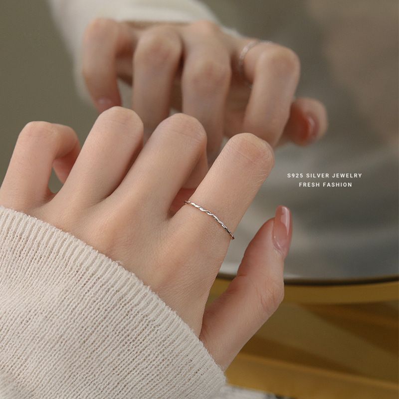 韩版麻花素圈细戒指女s925纯银极简风百搭叠戴指环开口食指戒代发