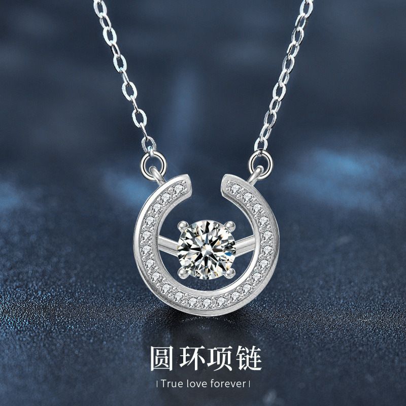 S925纯银圆环吊坠简约莫桑石项链欧美ins抖音同款锁骨链饰品