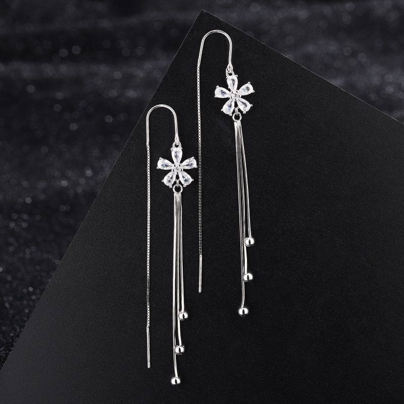 s925纯银满钻小花圆珠流苏长款耳线耳环高级轻奢时尚热销耳饰