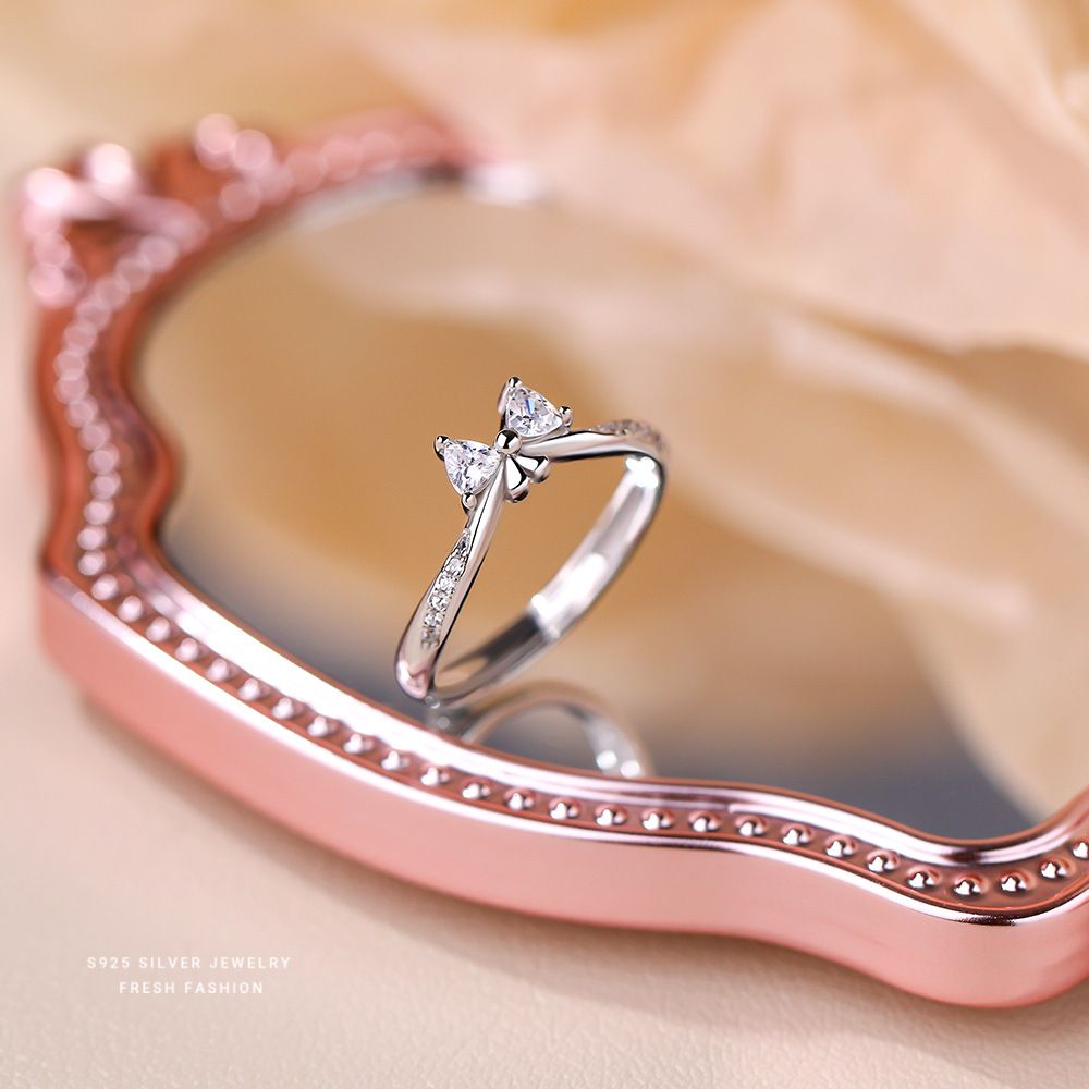 在逃公主蝴蝶结戒指女s925纯银甜美小清新锆石指环可调节食指戒指