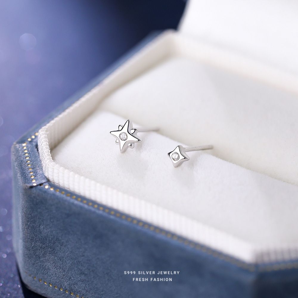 韩版冷淡风S999纯银四芒星锆石耳钉小众精致轻奢高级感耳饰