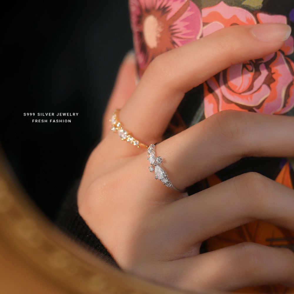 s999足银超闪星点锆石戒指女轻奢优雅高级小众气质镂空活口戒