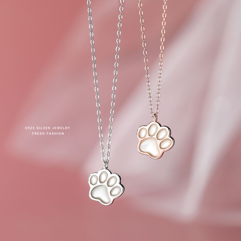 s925纯银甜心白贝猫爪项链女小清新可爱猫咪日系INS风 个性锁骨链