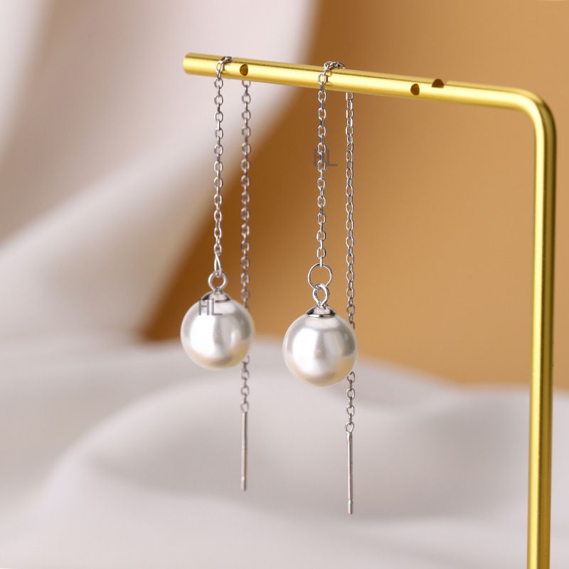 s925纯银珍珠耳钉耳线女轻奢气质流苏耳环法式风长款水滴珍珠耳坠