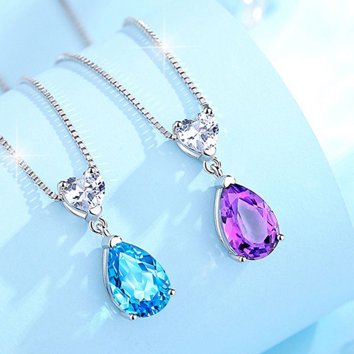 S925纯银心形蓝水滴吊坠天然托帕石水晶项链欧美复古饰品礼物