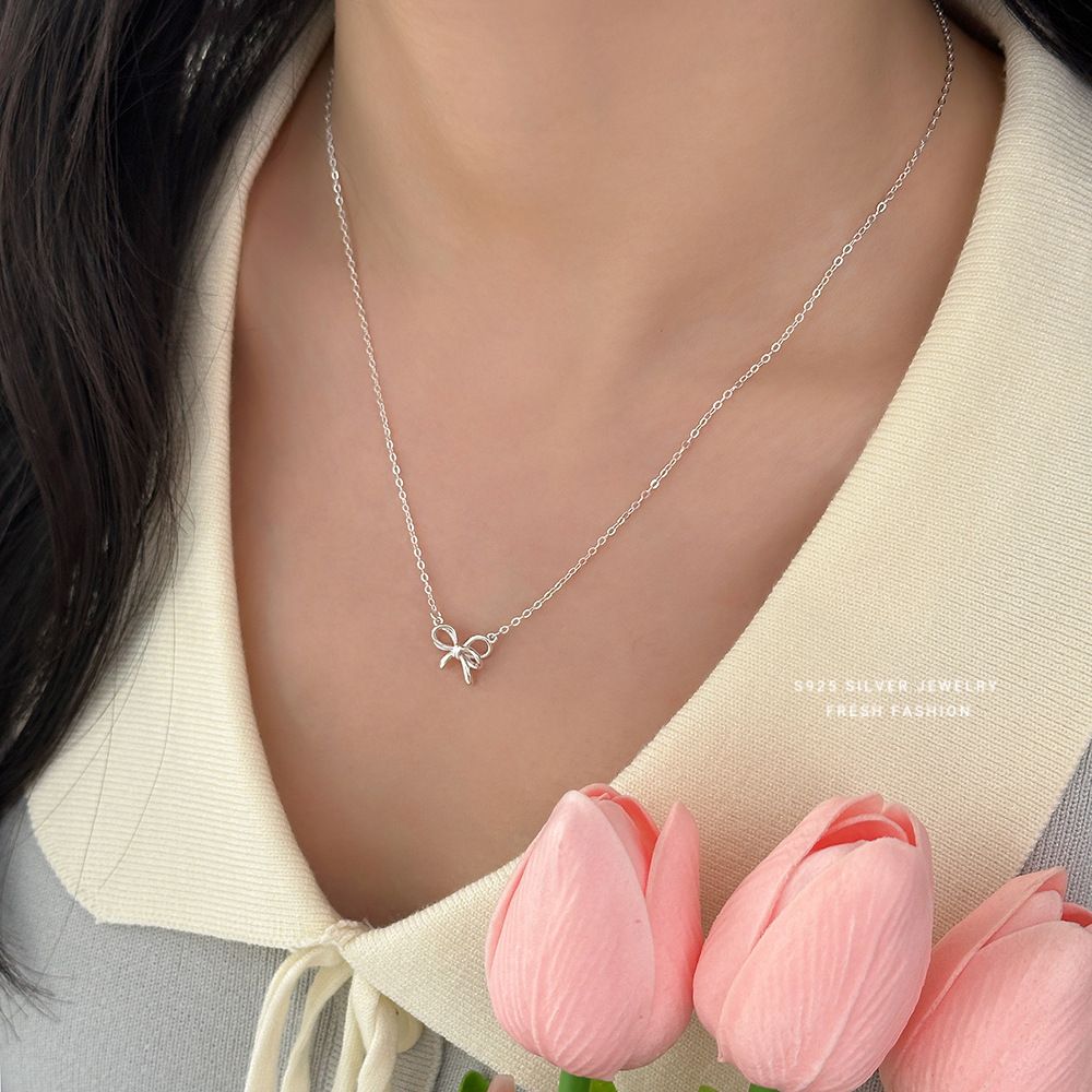 小清新甜美蝴蝶结项链女s925纯银小众百搭韩版时尚锁骨链夏季首饰