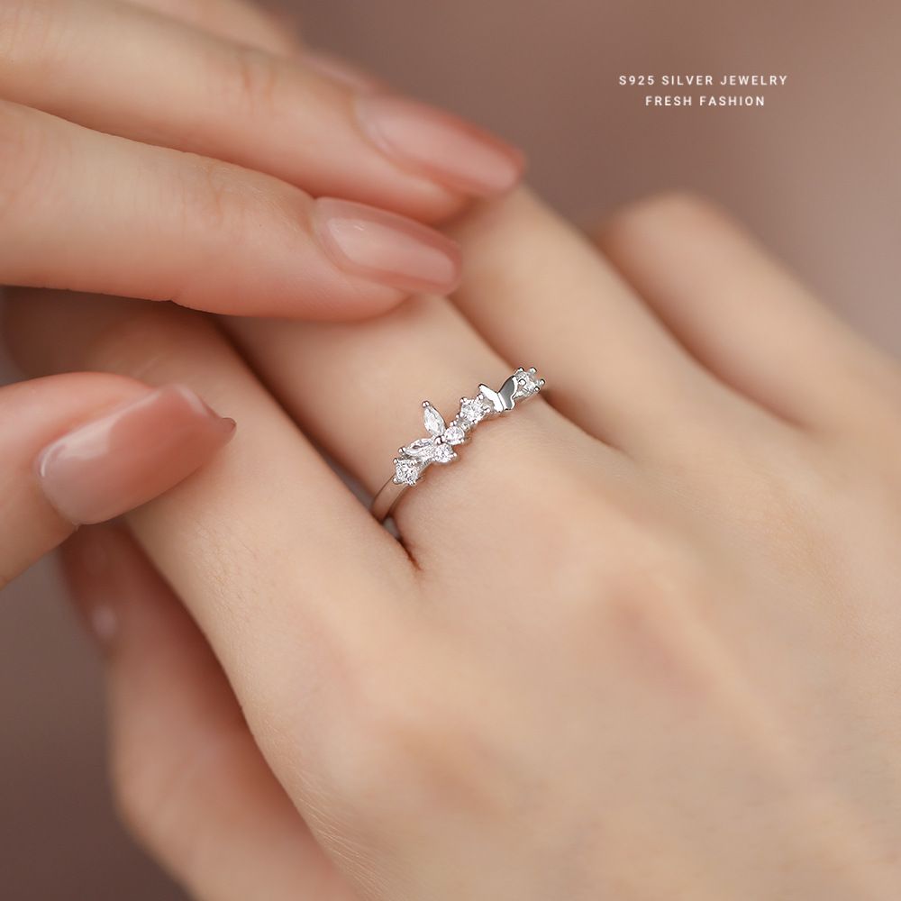 ins风蝴蝶锆石开口戒指女S925纯银轻奢高级感食指戒小众设计指环
