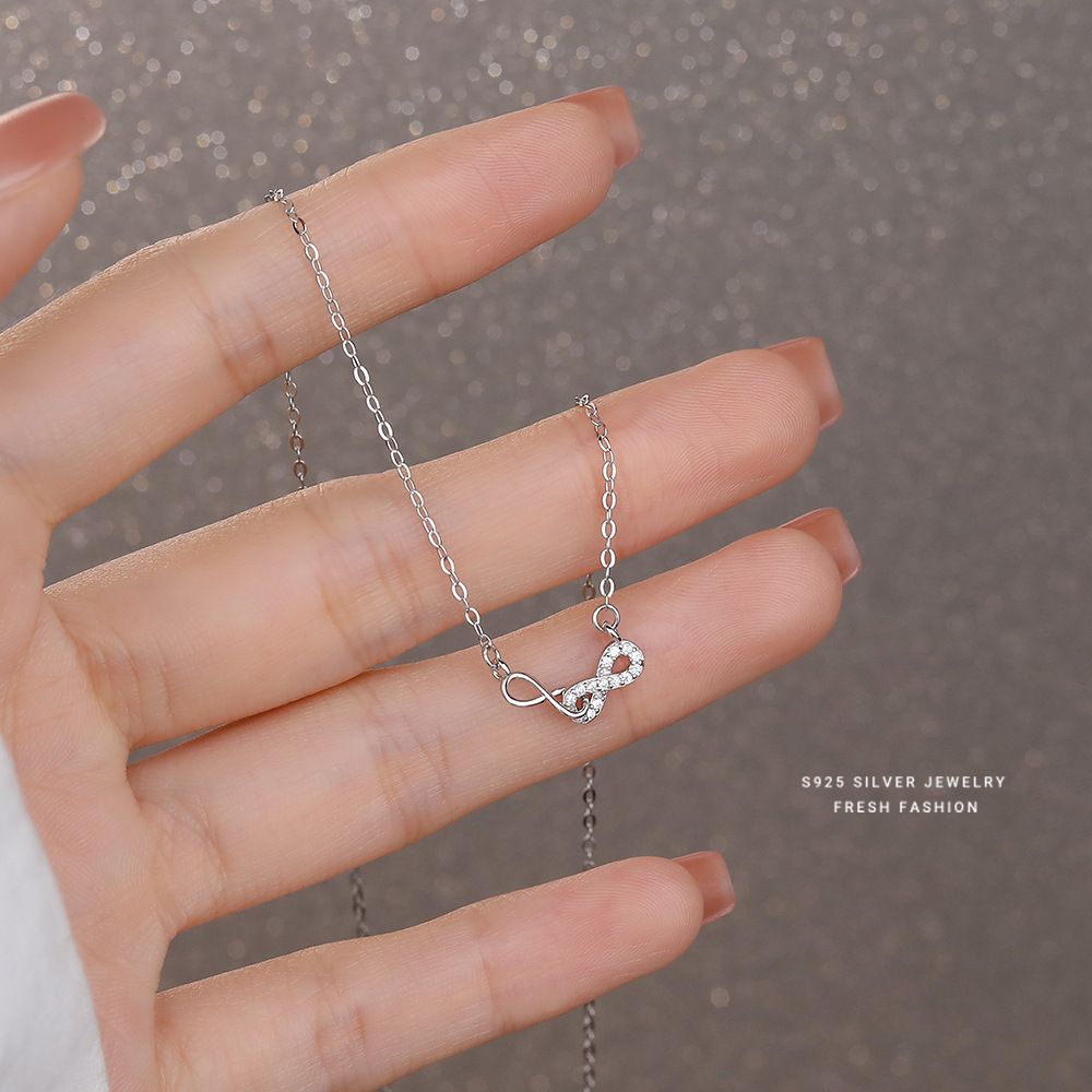 时尚轻奢百搭无限符号环环相扣项链女s925纯银微镶锆石双环锁骨链