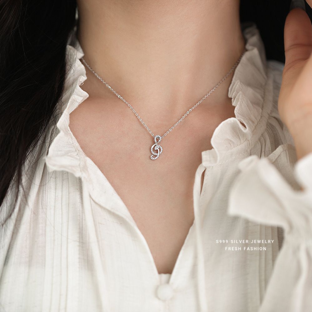 小红书爆款音符项链女S999纯银镶锆超闪小众设计韩版百搭锁骨链