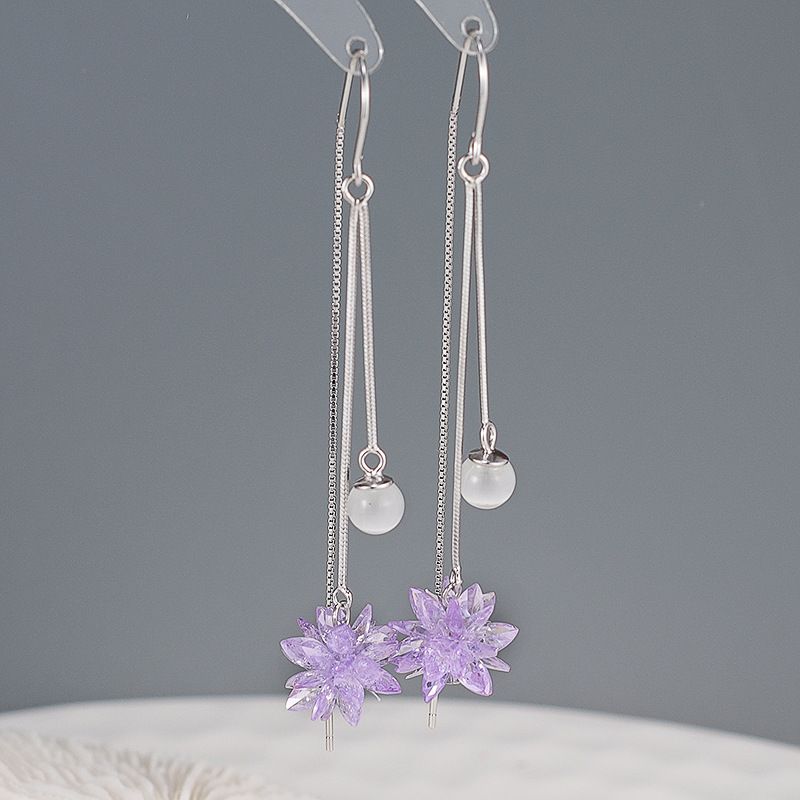 s925纯银长款紫色冰花猫眼石耳环气质流苏弯钩耳线防丢耳饰307EX