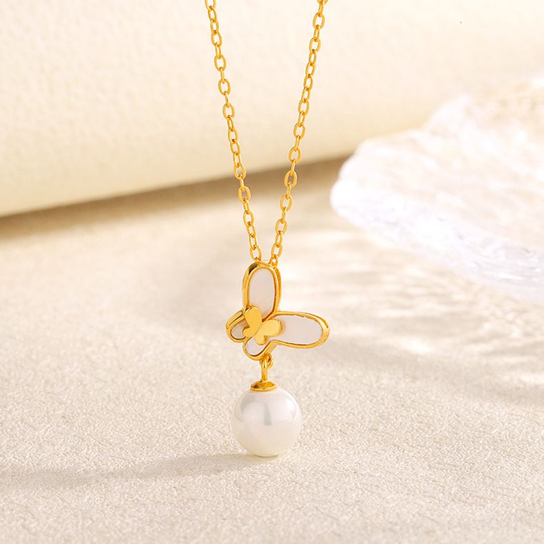 S925纯银白贝壳蝴蝶珍珠项链女轻奢设计感小众高级感配饰气质项饰