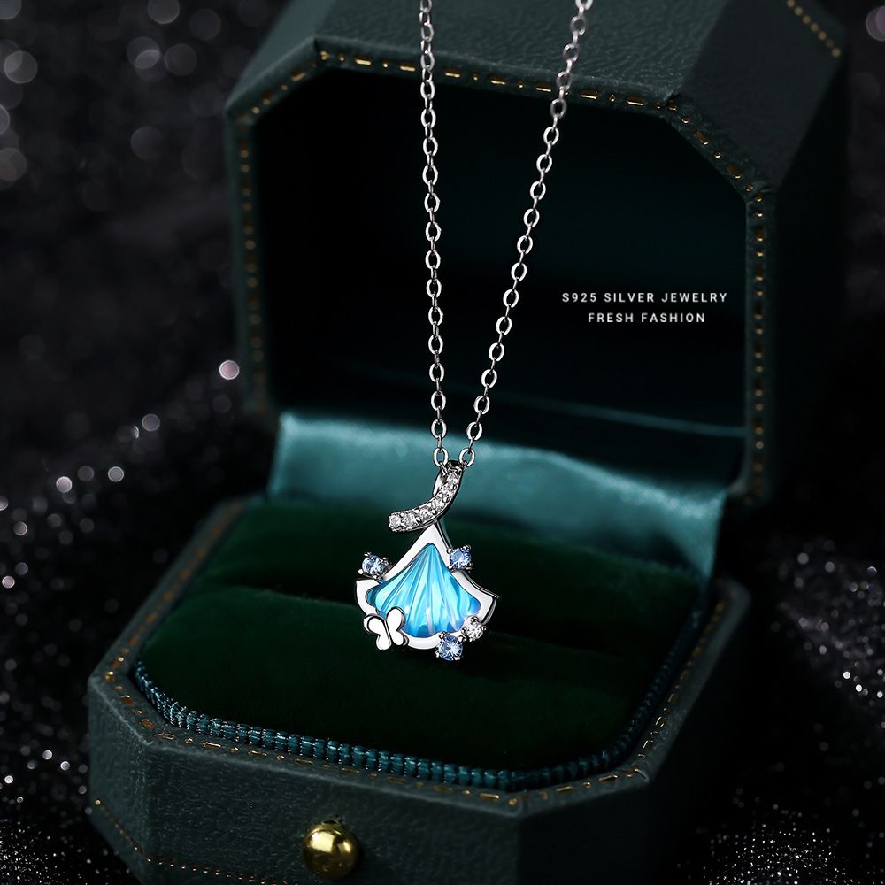 原创森系百搭气质银杏叶项链女s925纯银仙女风幻彩石锁骨链饰品