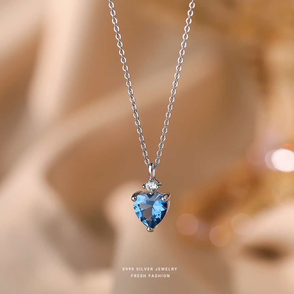 小清新S999纯银海洋之心项链女时尚小众轻奢高级感爱心锁骨链