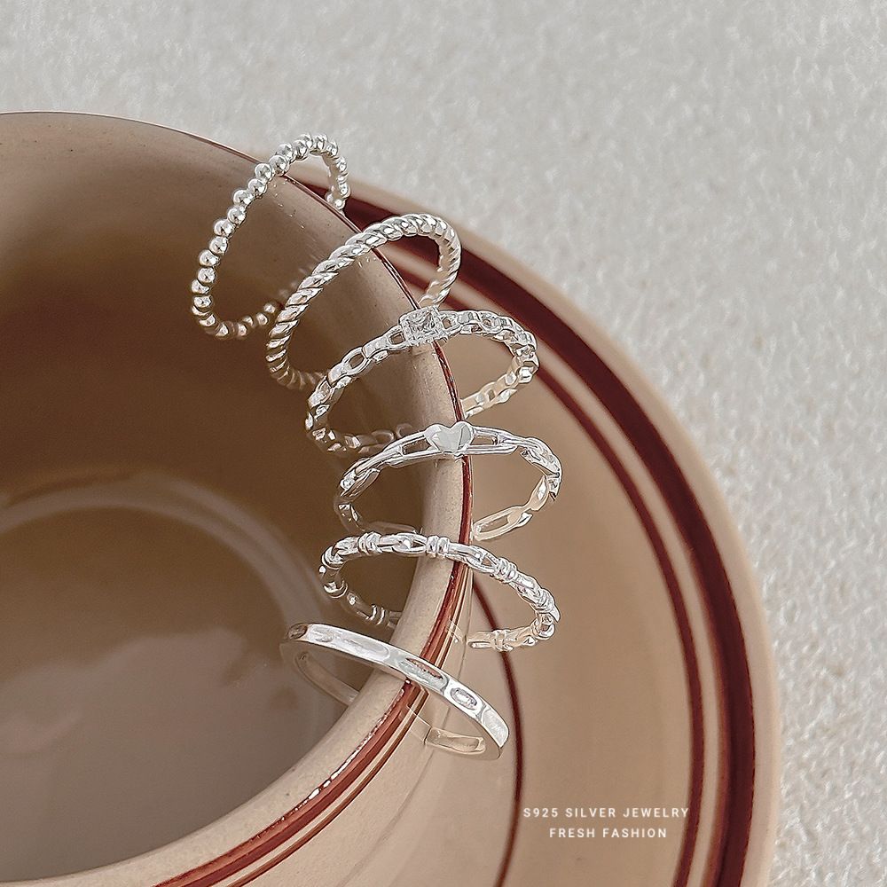 s925纯银麻花戒指女爱心镂空指环时尚潮流食指戒简约开口可调节