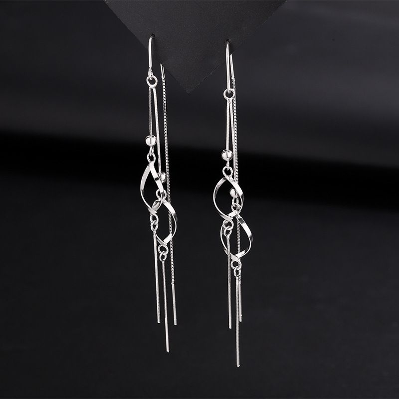 S925纯银耳线女日韩版气质双菱形耳环长款流苏网红潮轻奢时尚耳饰